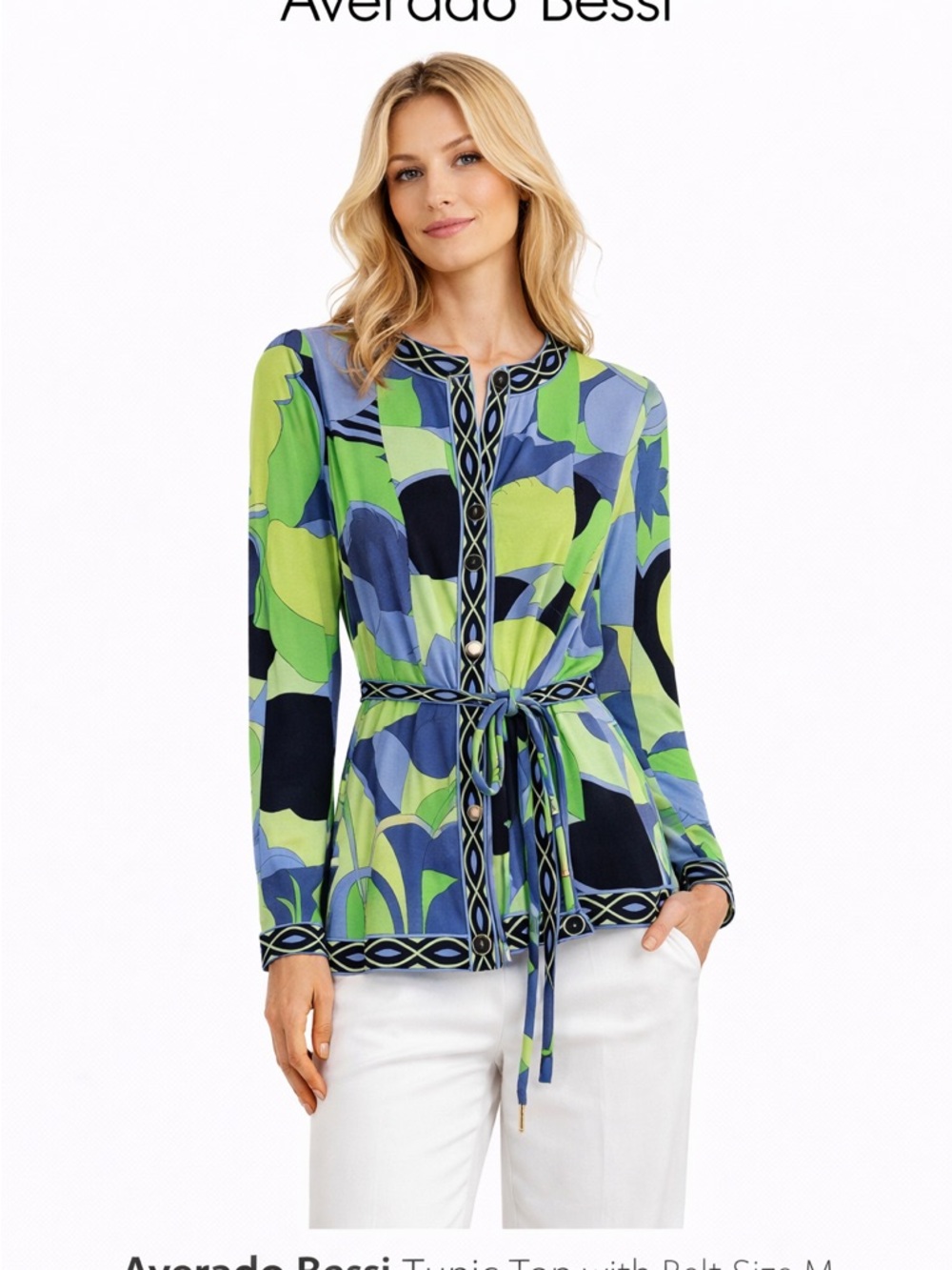 ⭐Averardo Bessi- Women's US/6 Blue Print 100% SILK Blouse Tunic Top Italy